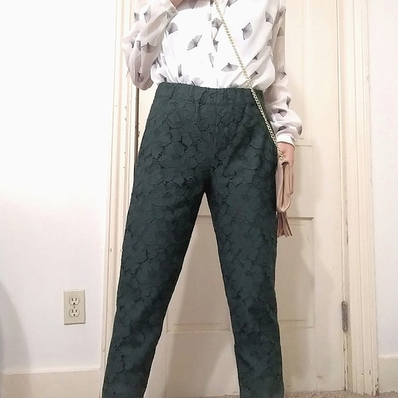 Dark green lace xs 0 J. Crew pull-on high-waisted work casual easy pull on pants - Picture 2 of 5